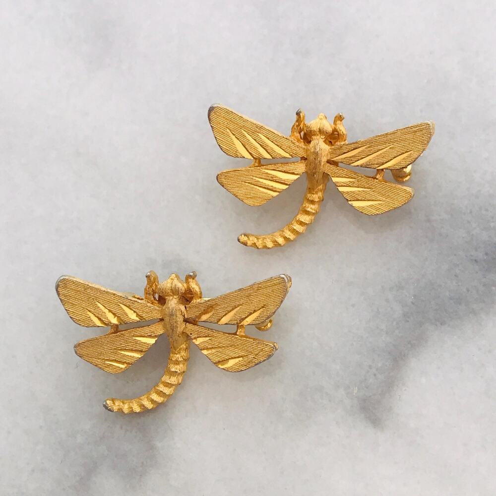 Vintage Dragonfly Pins Set -2 Gold Tone Insect Brooches, Jonette Jewelry JJ Pair